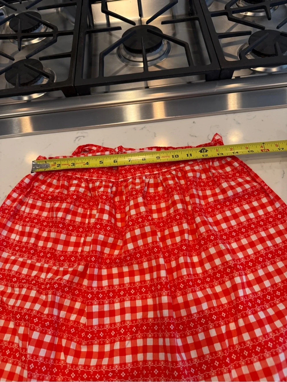 Vintage Red White Gingham Half Apron Eyelet Lace Cottage Farmhouse